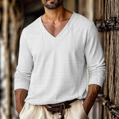 Herren Langarm V-Ausschnitt Polohemd Texturiertes Fischgrätenmuster Strick Casual Pullover Top Herbst Urban Fashion Herren