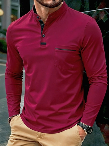 Herren Smart Casual Langarm Henley Polo Shirt Stehkragen Slim Fit Einfarbig Polyester Oberteil Mit Brusttasche Für Herren