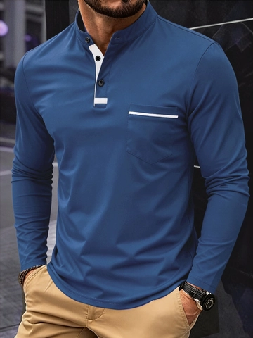 Herren Smart Casual Langarm Henley Polo Shirt Stehkragen Slim Fit Einfarbig Polyester Oberteil Mit Brusttasche Für Herren