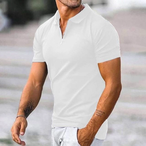 Men Short Sleeve Polo Shirt Zipper Lapel Neck Polyester Solid Color Slim Fit Business Casual Top Summer Comfort