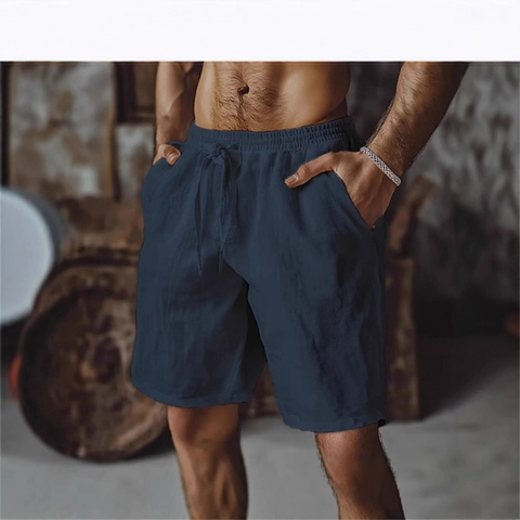 Men's Linen Cotton Blend Casual Shorts Summer Breathable Beach Shorts With Drawstring Elastic Waist Solid Color Board Shorts