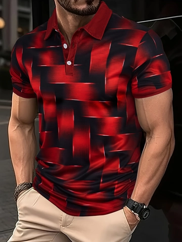 Herren Kurzarm Polo Shirt Abstrakt Geometrisch Verlauf Gitter Druck Slim Fit Sommer Lässig Atmungsaktiv Polyester Top