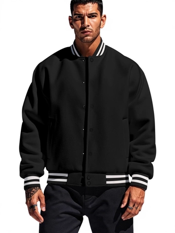 Men American Varsity Jacket Fleece Lined Loose Fit Casual Sporty Baseball Coat Stand Collar Ribbed Trim Outerwear