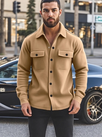 Ανδρικό Casual Τζάκετ Πουκάμισο με Επένδυση Fleece Στενή Εφαρμογή Μονόπετο με Διπλές Τσέπες Στήθους Ζεστό Παλτό