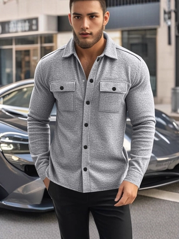 Ανδρικό Casual Τζάκετ Πουκάμισο με Επένδυση Fleece Στενή Εφαρμογή Μονόπετο με Διπλές Τσέπες Στήθους Ζεστό Παλτό