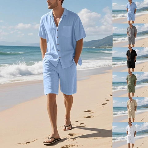 Herren Sommer Casual Leinen Kurzarm Hemd und Shorts Set Einfarbig Locker Atmungsaktiv Strand Urlaub Top And Bottom