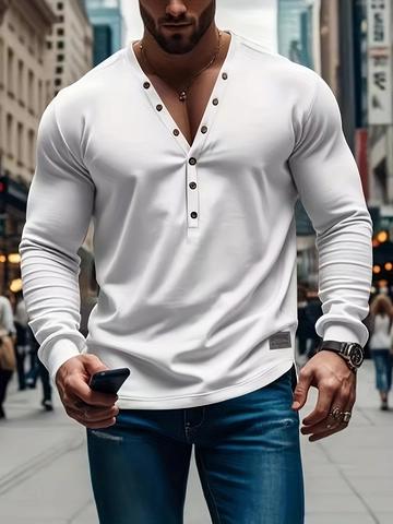 Men's Henley Shirt Long Sleeve Slim Fit Casual T-Shirt With Buttons Solid Color Knit Breathable Pullover Top For Men