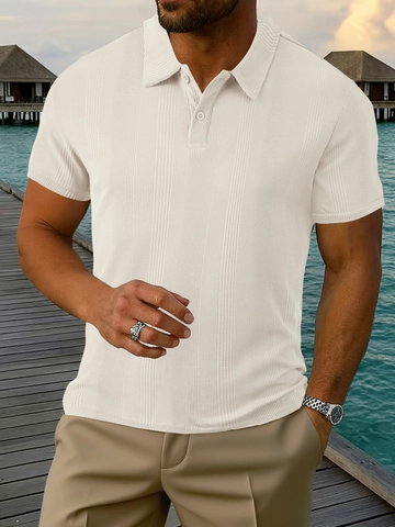 Men's Waffle Knit Short Sleeve Polo Shirt Textured Casual Resort Style Button Up Lapel Top Polyester Breathable Summer Tee