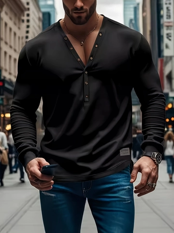 Men's Henley Shirt Long Sleeve Slim Fit Casual T-Shirt With Buttons Solid Color Knit Breathable Pullover Top For Men