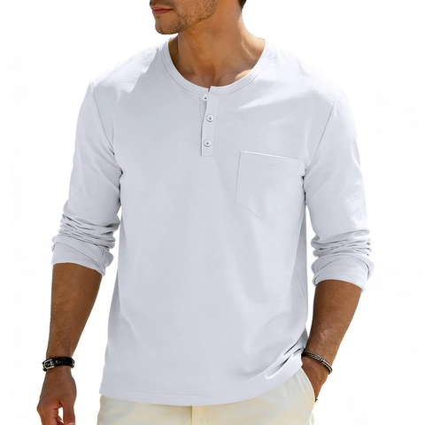 Camiseta de Manga Larga Henley Casual para Hombre Color Sólido Ajustada Con Bolsillo en el Pecho de Poliéster