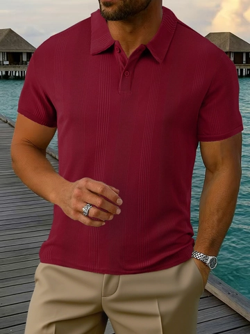 Men's Waffle Knit Short Sleeve Polo Shirt Textured Casual Resort Style Button Up Lapel Top Polyester Breathable Summer Tee