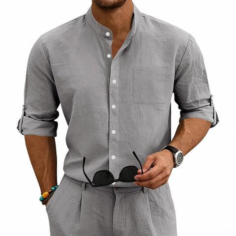Men's Summer Linen Blend Shirt Casual Stand Collar Roll-up Long Sleeve Solid Color Lightweight Breathable Beach Fashion Top