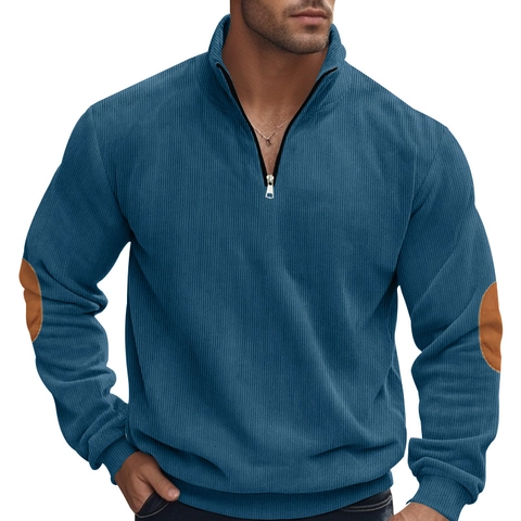 Men's Heavyweight Corduroy Quarter-Zip Sweatshirt Casual Stand Collar Long Sleeve Pullover With Elbow Patches Top