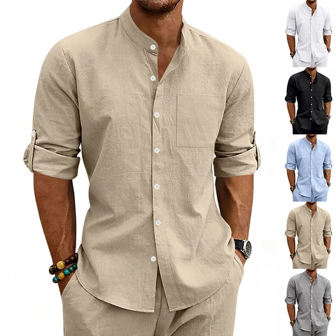 Men's Casual Linen Long Sleeve Shirt Stand Collar Button Down Loose Fit Beach Tops With Chest Pocket Solid Color Summer