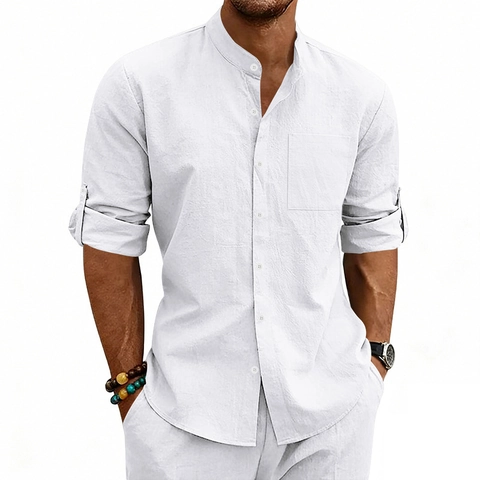 Men's Casual Linen Long Sleeve Shirt Stand Collar Button Down Loose Fit Beach Tops With Chest Pocket Solid Color Summer