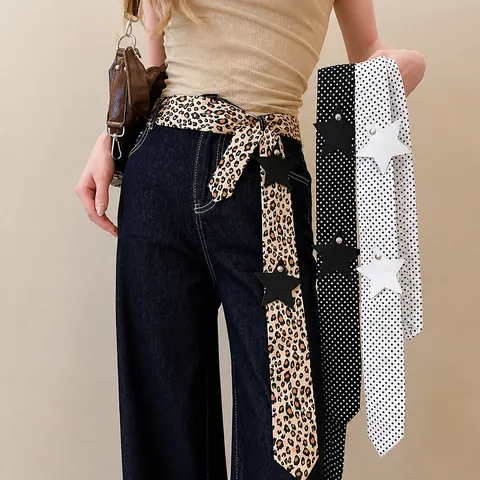 Y2K Aesthetic Polka Dot Leopard Print Belt Women Satin Fabric Waist Chain Leather Star Rivet Decorative Accessory