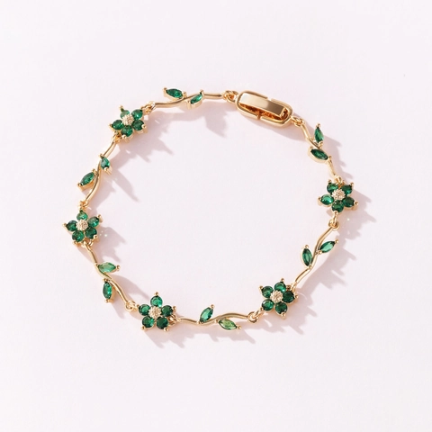 Elegantes Kupfer Armband Mit 18K Vergoldetem Zirkonia Blumen Und Blatt Pflanzen Design Modischer Täglicher Schmuck Für Damen