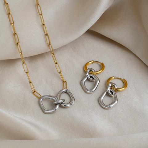 Stainless Steel Minimalist Dual Tone Interlocking Ring Pendant Necklace Earrings Jewelry Set Vacuum 18K Gold Plated Irregular Geometric Circle Neckwear For Women Fashion Jewelry