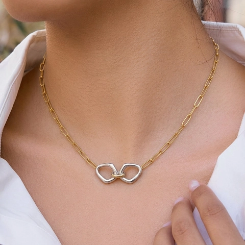 Stainless Steel Minimalist Dual Tone Interlocking Ring Pendant Necklace Earrings Jewelry Set Vacuum 18K Gold Plated Irregular Geometric Circle Neckwear For Women Fashion Jewelry
