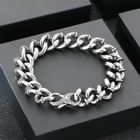 Pulsera de Acero de Titanio Punk para Hombre Hebilla de Serpiente de Costura de Uñas Cadena Cubana Pesada Joyería