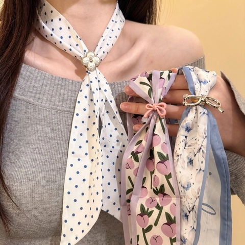 Collana a Sciarpa Stile Pittura a Olio Vintage per Donna Elegante Stampa Floreale a Pois Nastro di Raso Ciondolo in Lega
