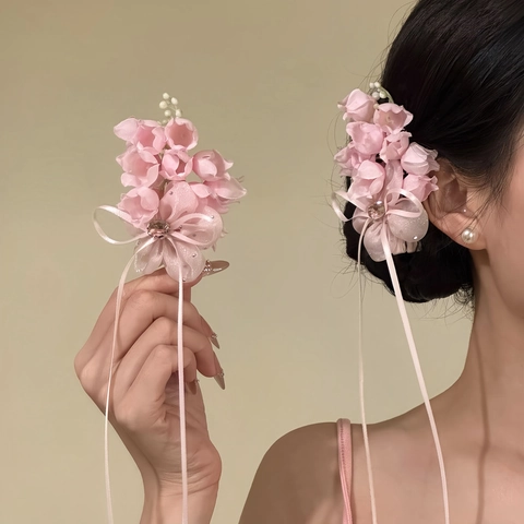 Elegante Pinza para el Pelo con Flores de Estilo Francés con Lazo de Cinta de Diamantes de Imitación para Mujer Uso Diario