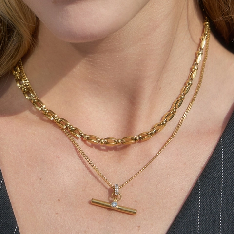 Women Stainless Steel T-Bar Pendant Necklace Gold Plated NK Chain With White Rhinestone Classic Western Fashion Jewelry