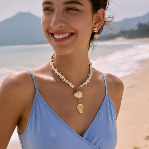 Damen Ozean Thema Muschel Seestern Schnecke Anhänger Halskette Edelstahl Schmuck Sommer Strand Urlaub Gold Accessoires