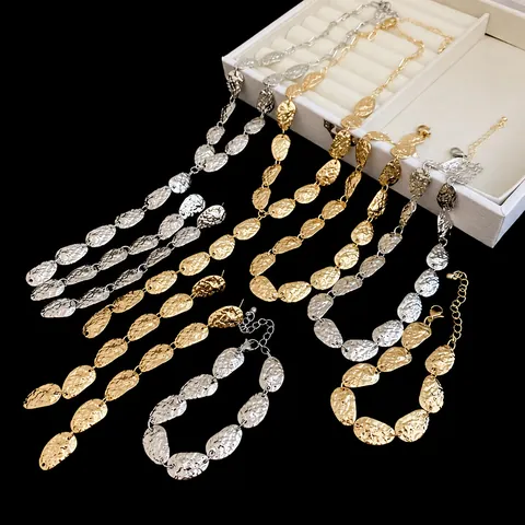 Vintage Alloy Hammered Leaf Tassel Jewelry Collection For Women Gold Silver Plated Necklace Stud Earrings Bracelet Accessories