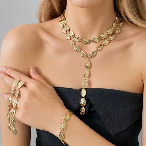 Vintage Alloy Hammered Leaf Tassel Jewelry Collection For Women Gold Silver Plated Necklace Stud Earrings Bracelet Accessories