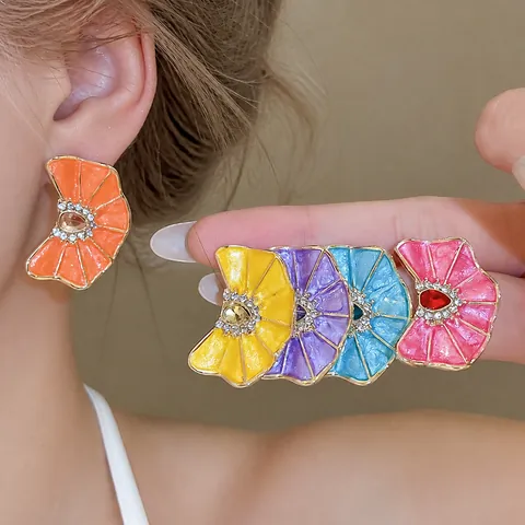 Pendientes de Botón de Flor Plisada de Estilo Hawaiano Con Poste de Plata Colorido Esmalte de Goteo de Aceite Strass Joyería para Mujer Regalo Diario
