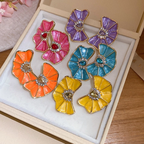 Pendientes de Botón de Flor Plisada de Estilo Hawaiano Con Poste de Plata Colorido Esmalte de Goteo de Aceite Strass Joyería para Mujer Regalo Diario