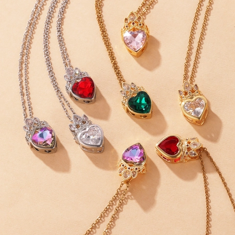 Roestvrijstalen Ketting Met Koperen Hart-Kroonhanger Voor Dames 18K Verguld Elegante Strass Sieraden Cadeau