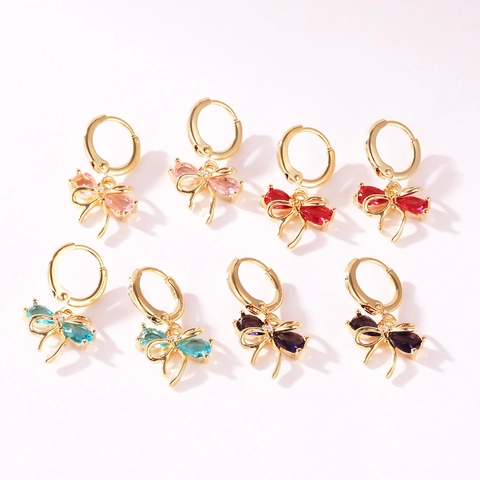 Fashion Bowknot Dangle Earrings Gold Plated Copper Colorful Zirconia Huggie Hoop Earrings For Women Minimalist Jewelry Gift