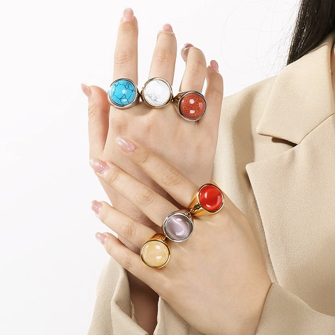 Vintage Edelstahl Breit Band Ring Für Damen Retro Oval Glas Edelstein Eingelegt Gold Silber Überzogener Fingerring Schmuck