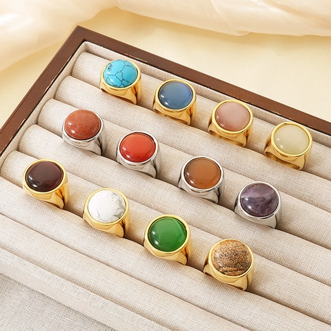 Vintage Edelstahl Breit Band Ring Für Damen Retro Oval Glas Edelstein Eingelegt Gold Silber Überzogener Fingerring Schmuck