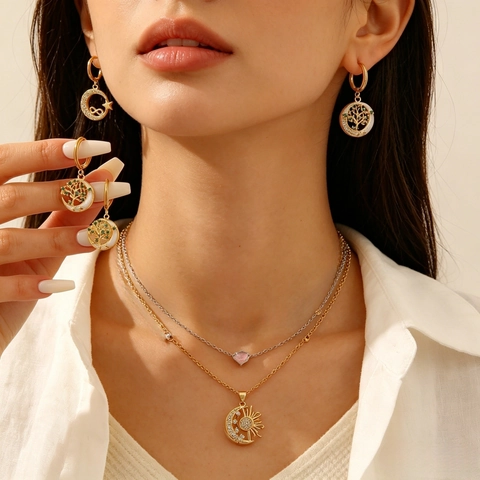 Collezione Gioielli Acciaio Inossidabile Donna Albero della Vita Sole Luna Stella Conchiglia Pendente Collana Orecchini Cerchio Strass Lusso