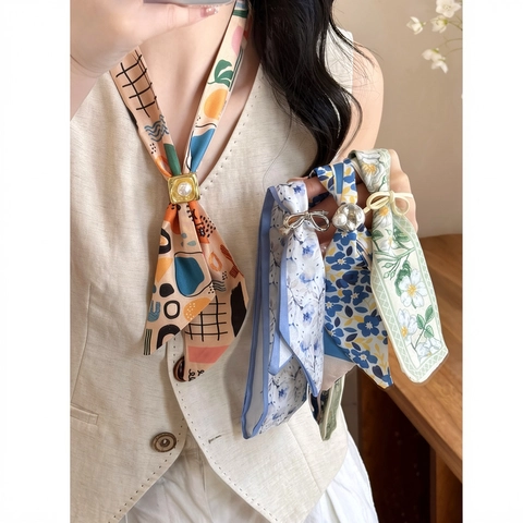 French Vintage Satin Scarf Necklace Floral Print Long Thin Scarf Neck Decoration For Women Handmade Artificial Pearl Accessory