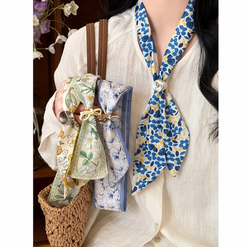 French Vintage Satin Scarf Necklace Floral Print Long Thin Scarf Neck Decoration For Women Handmade Artificial Pearl Accessory