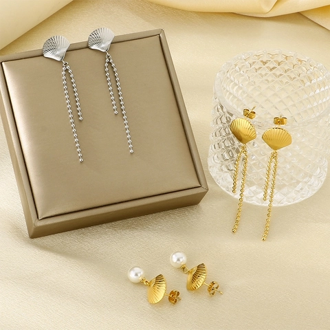 Stainless Steel Shell Stud Earrings with Artificial Pearl and Bead Chain Tassel Summer Seaside Style Fashion Jewelry For Women