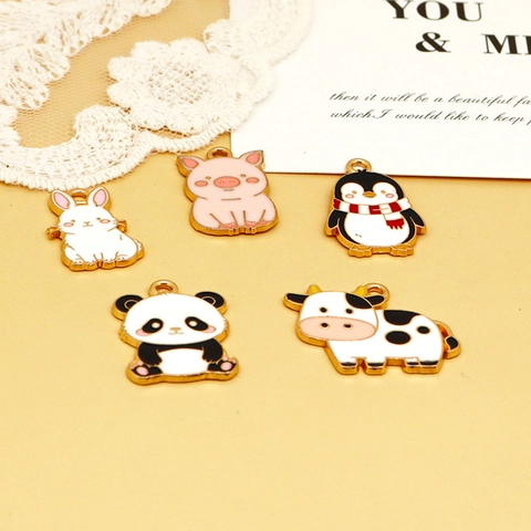 Cartoon Tier Legierung Emaille Charms Anhänger Für DIY Schmuckherstellung Taschenzubehör Hase Schwein Pinguin Panda Kuh