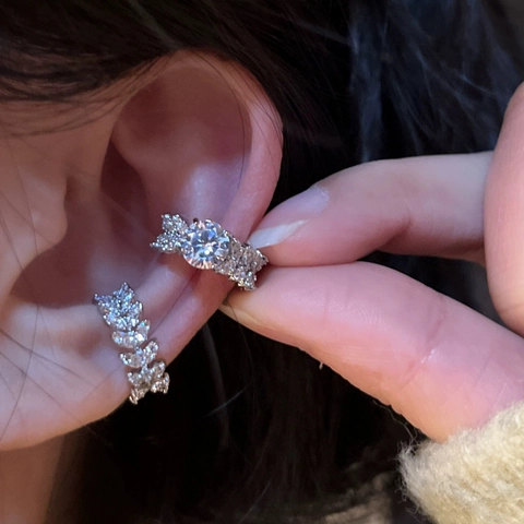 Orecchino Ear Cuff In Rame Argentato Design Foglia Zirconia Senza Buco Orecchini A Clip Gioielli Da Donna