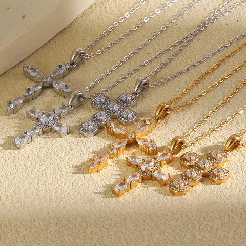 Franse Vintage Roestvrij Staal 18K Vergulde Kruis Hanger Halsketting Luxe Strass Kruisbeeld Ketting Sieraden Voor Dames