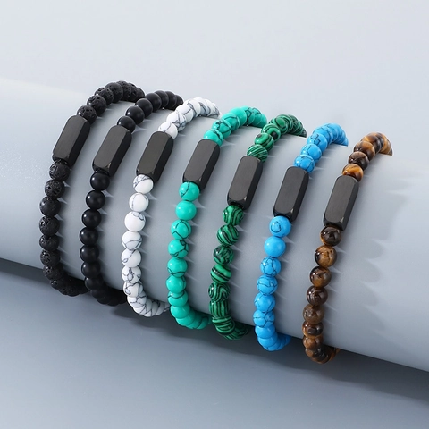 Vintage Roestvrij Staal Graveerbare Vierkante Kraal Armband Natuurlijke Tijgeroog Lavasteen Turkoois Agaat Kralenarmband Unisex