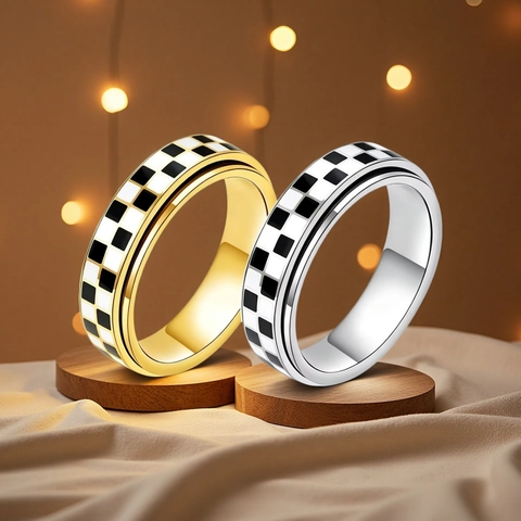 Anillo Giratorio de Tablero de Ajedrez de Acero de Titanio Blanco y Negro Geométrico para Hombre y Mujer Joyería Regalo