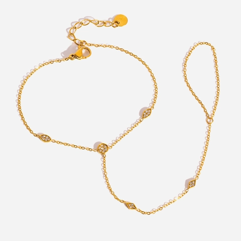 Bracelet Chaîne de Main Élégant en Acier Inoxydable Plaqué Or 18K Avec Strass en Forme de Goutte pour Femme Bracelet Relié à une Bague