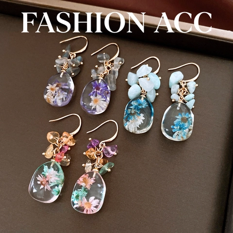 New Chinese Style Resin Dried Flower Drop Earrings For Women Elegant Handmade Floral Earrings With Natural Stone Chips Chic Resin Jewelry