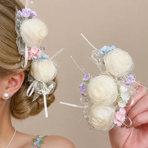 Handmade Fabric Rose Flower Bow Hair Clip For Women Elegant Organza Floral Ribbon Duckbill Clip Spring Sweet Hair Accessory