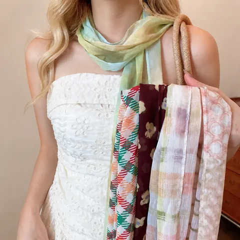 Französischer Vintage Blumendruck Chiffon Schal Halskette Für Damen Sommer Halter Schal Halsschmuck Gestreift Kariert Gepunktet Leicht Stoff Halskette Schmuck