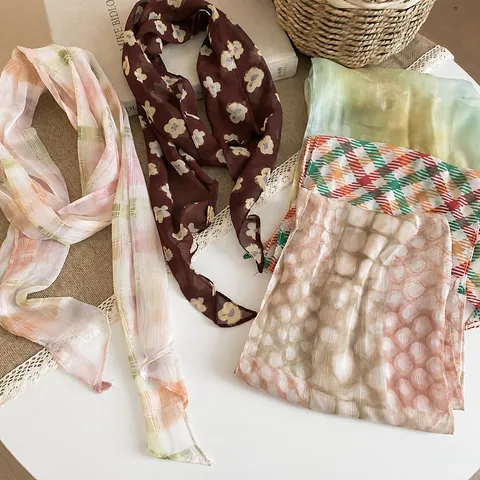 Französischer Vintage Blumendruck Chiffon Schal Halskette Für Damen Sommer Halter Schal Halsschmuck Gestreift Kariert Gepunktet Leicht Stoff Halskette Schmuck